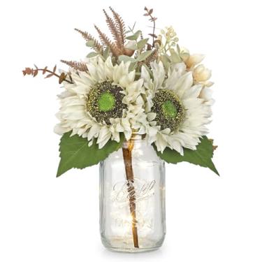 Imagem de Girassóis de seda flores artificiais com pote de pedreiro centro de mesa flores brancas de outono em vaso pequeno arranjo floral de outono com vaso de ação de graças centro de mesa para sala de jantar