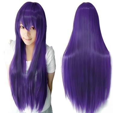 Imagem de IMISSU Perucas de cosplay de cabelo natural longo e reto com franja colorida fantasia de Halloween peruca de festa para menina (Roxo escuro)