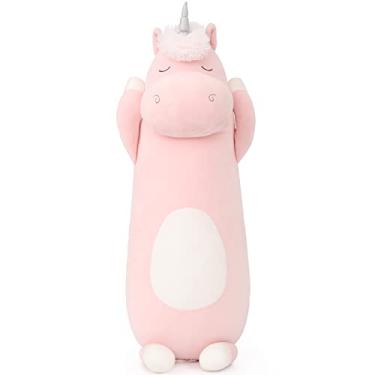 Imagem de Travesseiro de pelúcia de unicórnio Lanmore para abraçar animais de pelúcia travesseiro longo presente para crianças meninas e namorada (médio, rosa)