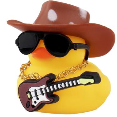 Imagem de wonuu Ornamentos de pato de borracha para carro guitarra pato acessórios legais para carro decorações de painel de carro com colar de chapéu de cowboy e óculos de sol, marrom e branco