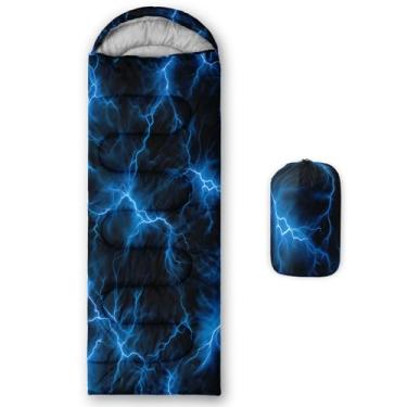 Imagem de QOOMO Sacos de dormir estampados com iluminação azul, 3 estações, clima quente e frio, leve, sacos de dormir à prova d'água para adultos e crianças, viagens e ao ar livre, equipamentos de acampamento