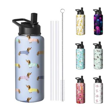 Imagem de Garrafa de água Dachshund de 946 ml com alça e canudo dobrável, copo com isolamento de aço inoxidável para amantes de cães, caneca de café de viagem, presente de aniversário do dia das mães para