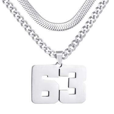 Imagem de Colar de número, colar em camadas para homens, colar com número de jérsei para menino atleta, corrente de aço inoxidável 45,7 cm + 50 cm para homens com pingente de número, colares com números de