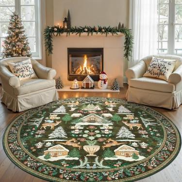 Imagem de jinchan Tapete redondo de Natal para sala de jantar 2,1 m círculo verde tapete de férias para sala de estar estampado árvore de Natal e cabine tapete interno macio para quarto lavável antiderrapante