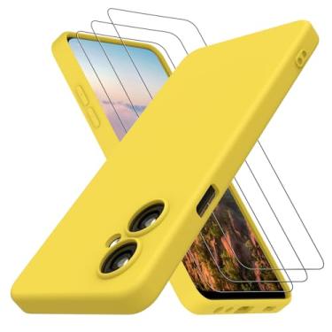 Imagem de Neseovge Capa de telefone OnePlus Nord N30 5G com 3 protetores de tela de vidro temperado, TPU de silicone líquido macio com forro de microfibra capa protetora de corpo inteiro para OnePlus Nord N30, amarelo