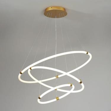 Imagem de Lustre LED moderno 3 anéis redondo circular pendurado luz pendente V-intage dourado moderno lustre de teto para entrada sala de estar quarto hall cozinha ilha, 15,7" 19,6", 40+60cm+80cm
