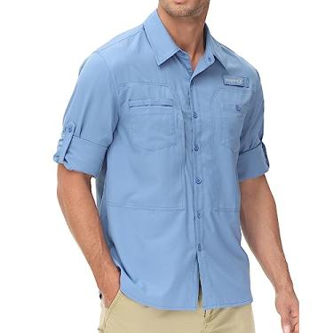 Imagem de Camisa masculina com proteção solar FPS 50+, manga comprida, leve, para caminhadas, trabalho, botão, bolso com zíper, Azul névoa, G