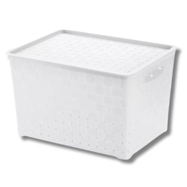 Imagem de Caixa Organizadora quadriculada Cesto Com Tampa 22 Litros Multiuso 38 cm x 29 cm x 24 cm Cor Branca