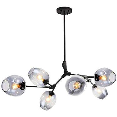 Imagem de Lustre E27 Nordic Glass Ball Chandelier Altura ajustável, Lustre preto fosco, E26 Metal Hand Blow Branches Pendant Light, Luminárias de globo de meados do século de 79"