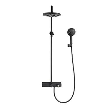 Imagem de CUTPOIY Conjunto de chuveiro preto 3 funções conjunto de chuveiro com torneira redonda chuveiro de chuva chuveiro de mão 32 cm prateleira e coluna de chuveiro ajustável sistema de chuveiro feito de