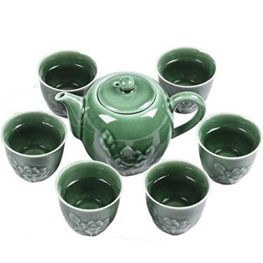 Imagem de Conjunto de chá com bule de chá, 6 xícaras e bandeja de bambu, conjunto de chá para sala de estar, escritório, conjunto de chá