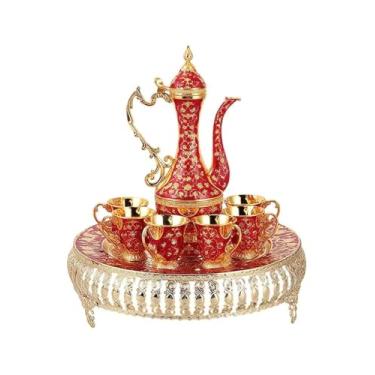 Imagem de SEEK RARE Conjunto de chá turco, bule de café vintage com bandeja de cristal brilhante e 6 xícaras para decoração de mesa de festa em casa, vermelho