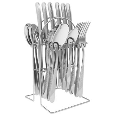 Imagem de Conjunto de talheres de 25 peças com suporte, conjunto de talheres de aço inoxidável com alças antiderrapantes, kit prático de talheres para reunião em casa (prata, 25 peças)