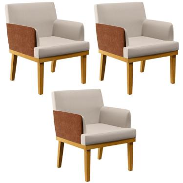 Imagem de Kit 03 Poltronas Decorativas Para Sala Estar Beatriz W01 Linho Cru Couríssimo Camel - Lyam Decor
