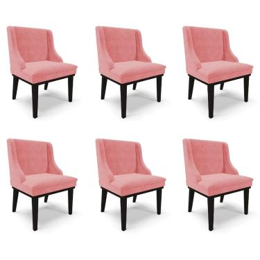 Imagem de Kit 6 Cadeiras Decorativas Sala de Jantar Base Fixa de Madeira Firenze Suede Rosê/Preto G19 - Gran Belo