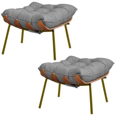 Imagem de Kit 2 Puffs Decorativos Sala de Estar Abel Base de Madeira Dourada Linho Cinza - Gran Belo