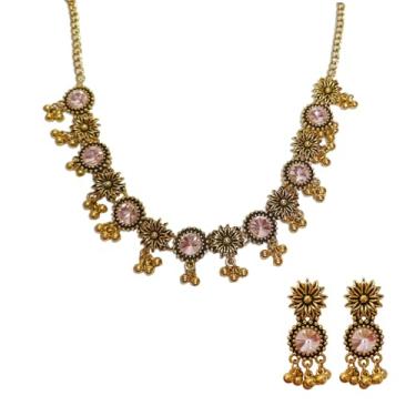 Imagem de CZMZHFC Conjuntos de joias indianas para mulheres, colar gargantilha oxidada estilo Bollywood, brincos Maang Tikka e Jhumka, conjunto de joias de casamento delicadas, presentes tradicionais de templo