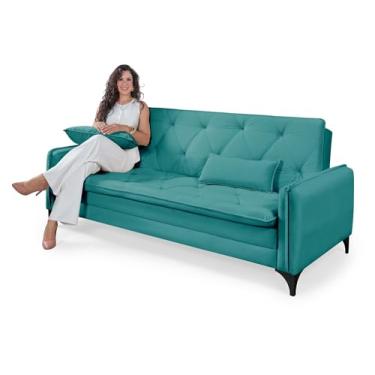 Imagem de Sofá Cama Yara Reclinável Casal Premium Revestimento em Suede Macio Cor Azul Turquesa Casa Imperial