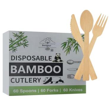 Imagem de Bonigour Conjunto de talheres de bambu | Utensílios compostáveis para comer | 180 utensílios descartáveis de bambu [60 garfos, 60 colheres, 60 facas] | Utensílios biodegradáveis para festas (180)