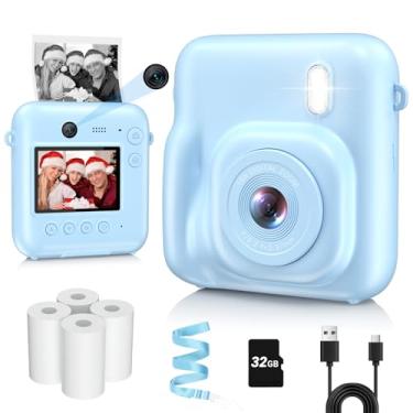 Imagem de Câmera infantil com impressão instantânea, lente dupla, câmera digital de 48 MP para presentes de Natal, aniversário, câmeras instantâneas de selfie 1080p para crianças com cartão de 32 GB, câmeras