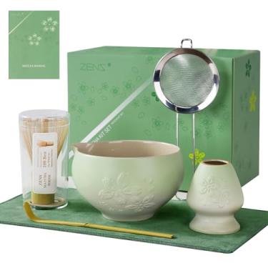 Imagem de ZENS Conjunto de batedor Matcha, conjunto de chá matcha de cerâmica com tigela Sakura de 425 g e batedor e colher de bambu, (suporte Chasen), toalha de chá de peneira inoxidável, kit Matcha de 6 peças