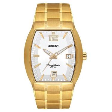 Imagem de Relógio Masculino Dourado Orient Quadrado Fundo Branco Data, Amarelo, 