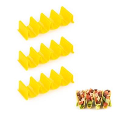 Imagem de Suporte de taco amarelo - pacote com 3, bandeja de taco em forma de onda para festa, comporta 4 tacos cada, pode ser lavada na lava-louças e empilhável