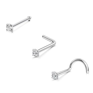 Imagem de Piercing de nariz hipoalergênico 20G, aço cirúrgico 316L, saca-rolhas retas em forma de L com zircônia cúbica de 1,5 a 3 mm para pele sensível, 1.5mm, Aço inoxidável, metal, Sem Pedra Preciosa
