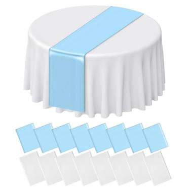 Imagem de Barafat Conjunto de 16 peças de toalha de mesa redonda de plástico e corredor de mesa de cetim, capas redondas de 203 cm x 272 cm, corredores de mesa para Natal, casamento, festa de aniversário, bebê