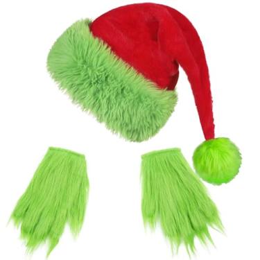 Imagem de NIUEFH Christmas Santa Hat and Green Monster Furry Gloves for Adult Xmas Holiday Halloween Party Cosplay