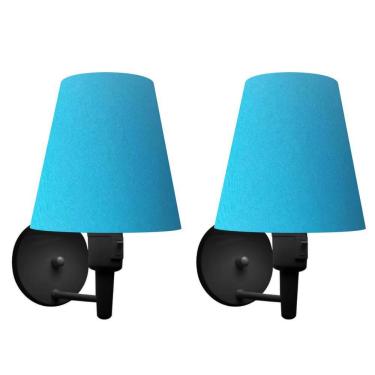 Imagem de Kit-2 Arandela Cone Md-2013 Preto C- Inter Liga E Desl Cúpula Em Tecido Azul Turquesa - Bivolt