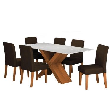 Imagem de Conjunto De Mesa Sala De Jantar Tampo Com Vidro 1,80m Grécia 6 Cadeiras Trieste Dobuê Madeirado/chocolate