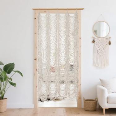 Imagem de Boshen Cortina feita à mão Macramê Boho, 1 painel de porta de janela, decoração de parede, 100% algodão, arte, artesanato, divisória para quarto, sala de estar, casamento, 190 cm C x 149 cm L branca