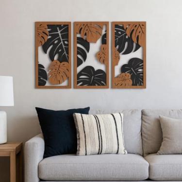 Imagem de Conjunto Kit 3 Quadros Decorativos Folhagem Tropical para Sala com Relevo 6mm Amadeirado