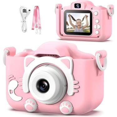 Imagem de Máquina Fotográfica Infantil, Brinquedo Premium que Filma em HD e Possui Jogos Divertidos Para as Crianças, Câmera Digital de Gatinho, Recarregável e Portátil, Inclui Capa de Silicone e Cordão. (Rosa)