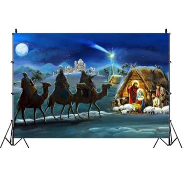 Imagem de AOFOTO 3 x 2 m, cenário de presépio natalino, céu noturno, luz das estrelas, família sagrada e manjedoura do deserto de três reis, nascimento de Jesus, igreja, religião, decoração cristã, fundo de