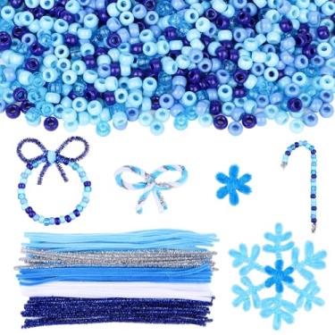 Imagem de 1500 peças de contas de pônei de inverno azuis brancas redondas de plástico 150 limpadores de cachimbo de prata azul branco para árvore de Natal pendurar guirlanda cana fazendo decoração de festa de