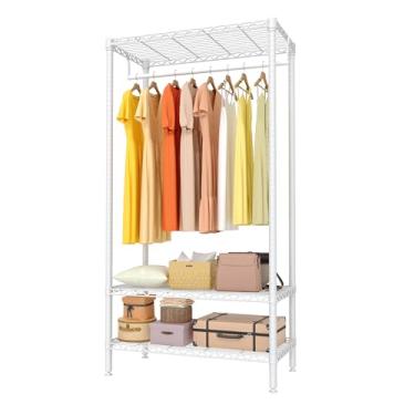 Imagem de Arara de roupas de metal, rack de roupas resistente com prateleiras, prateleiras ajustáveis para armazenamento de roupas com 1 varão, organizadores pequenos de armário para quarto, dormitório