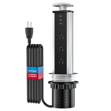 Imagem de BTU Tomada pop-up para bancada de cozinha, tomada retrátil embutida com 3 tomadas AC, 2 portas USB A e 1 porta USB C para cozinha, bancada, conferência, escritório, tomada embutida, preto e prata