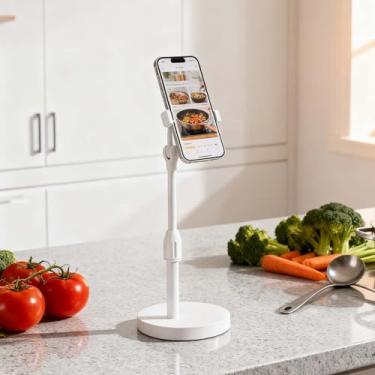 Imagem de Suporte de telefone de mesa dobrável de alumínio, suporte portátil giratório de 360° com base estável para todos os smartphones, iPads e tablets