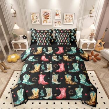 Imagem de Erosebridal Jogo de cama ocidental de 7 peças para crianças, meninas e adolescentes (preto, tamanho Queen) - Conjunto de edredom com botas de vaqueira, cacto, ferradura e lençol com estrelas, vintage
