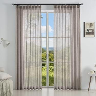 Imagem de Cortinas transparentes plissadas de linho acastanhado escuro 213 cm de comprimento, conjunto de 2 painéis, cortinas de filtragem de luz marrom para sala de estar de jantar, tratamentos de janela com