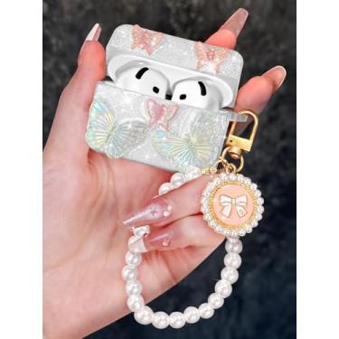 Imagem de Boaretiu Capa para AirPods 4 com chaveiro de laço de pérola - Capa protetora elegante para mulheres, lindas garotas kawaii, design exclusivo de silicone para AirPods 4ª geração 2024, borboleta