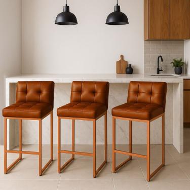 Imagem de Banqueta Cozinha Alta Com Encosto Industrial Kit 3 Bronze Lirina Pu Nozes C05 - D'rossi