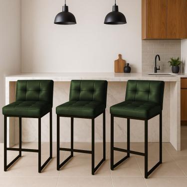 Imagem de Banqueta Cozinha Alta Com Encosto Industrial Kit 3 Preto Lirina Pu C05 - D'rossi Verde