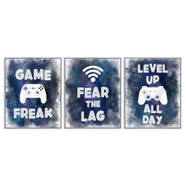 Imagem de Stupell Industries Gamer Quotes with Splash Conjunto de arte giclée emoldurado preto de 3 peças, design por Marcus Prime, 20 x 16