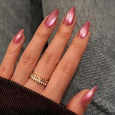 Imagem de SXVME Unhas de pressão rosa escuro Cat Eye em forma de amêndoa média – 30 peças de unhas postiças de acrílico, ajuste natural, unhas opacas de gel cromado com glitter, cola de gel macio nas unhas para