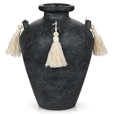Imagem de Vaso de cerâmica preto grande de 24 cm para centros de mesa - Vaso rústico de fazenda com 4 orelhas e borlas, vasos de flores vintage de terracota para mesa, mesa, sala de estar, quarto, entrada