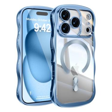 Imagem de UEEBAI Capa para iPhone 17 Pro, linda capa de celular magnética com moldura ondulada compatível com Magsafe capa de proteção completa para câmera macia galvanizada para mulheres e meninas - azul