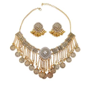 Imagem de Conjuntos de joias indianas disco corrente de moedas borla colar em camadas CZ retangular com contas brincos para mulheres vintage moda tradicional antiga Bollywood joias para festa de casamento
